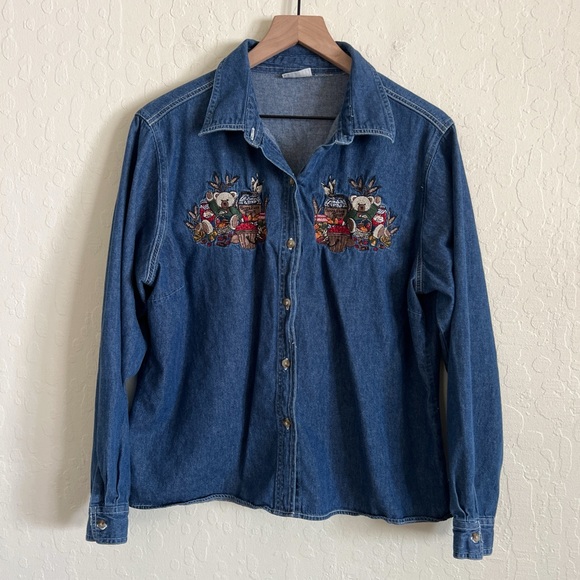 Vintage Cabin Creek Fall Embroidered Chambray Denim Button Down Shirt Medium - Picture 1 of 5